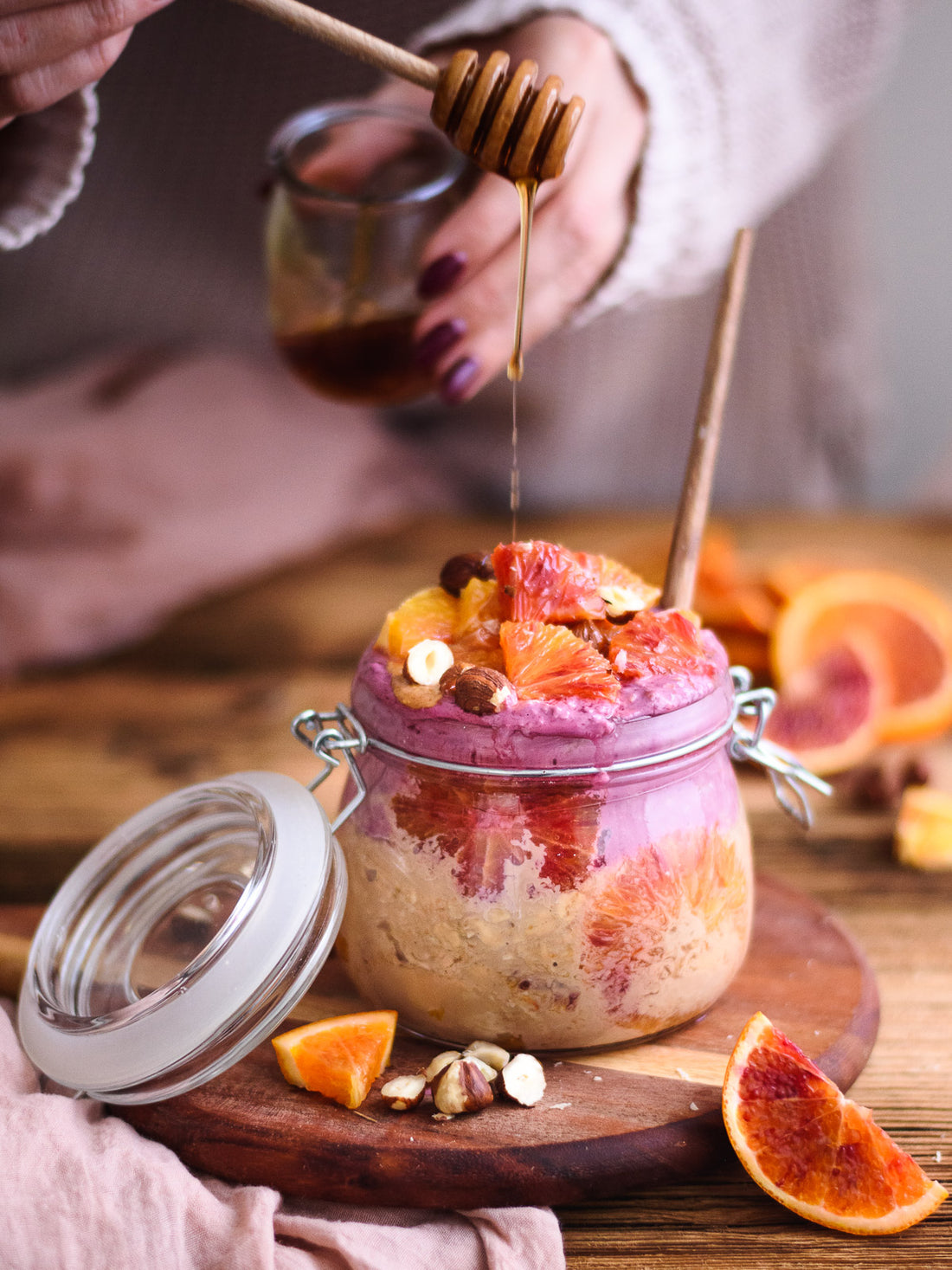 Coffee-Hazelnut Overnight Oats with Purple Yogurt & Blood Oranges