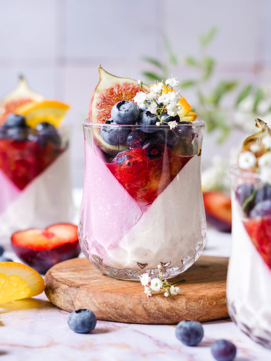 Vegan Panna Cotta with plum jam & fruits